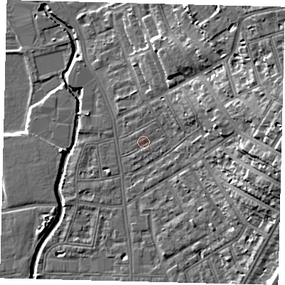 Shaded relief map of the ground around SW182BP, computed from Environment Agency LiDAR. The ground here sits at about 8 m above sea level and falls 21 m across the surrounding 800 m. Surface water reaching this point runs off ground lying to the north-east, 1.5 m higher.