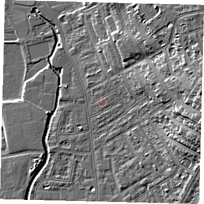 Shaded relief map of the ground around SW182BT, computed from Environment Agency LiDAR. The ground here sits at about 9 m above sea level and falls 21 m across the surrounding 800 m. Surface water reaching this point runs off ground lying to the north-north-east, 1.9 m higher.