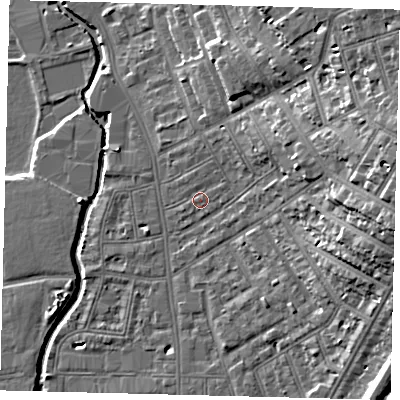 Shaded relief map of the ground around SW182BW, computed from Environment Agency LiDAR. The ground here sits at about 9 m above sea level and falls 21 m across the surrounding 800 m. Surface water reaching this point runs off ground lying to the east-north-east, 10.1 m higher.