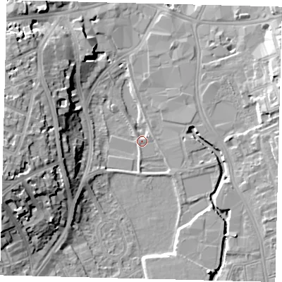Shaded relief map of the ground around SW182GJ, computed from Environment Agency LiDAR. The ground here sits at about 6 m above sea level and falls 20 m across the surrounding 800 m. Surface water reaching this point runs off ground lying to the west-south-west, 11.8 m higher.