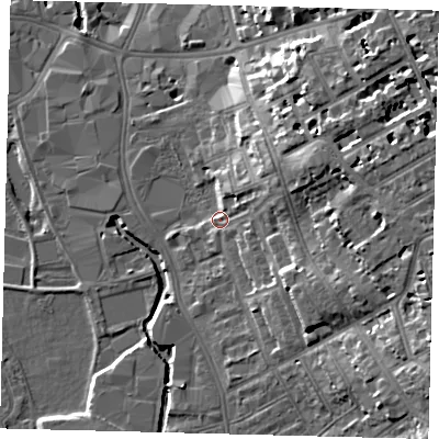 Shaded relief map of the ground around SW182LL, computed from Environment Agency LiDAR. The ground here sits at about 9 m above sea level and falls 20 m across the surrounding 800 m. Surface water reaching this point runs off ground lying to the east-north-east, 8.8 m higher.
