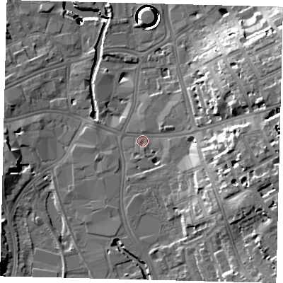 Shaded relief map of the ground around SW182PT, computed from Environment Agency LiDAR. The ground here sits at about 6 m above sea level and falls 41 m across the surrounding 800 m. Surface water reaching this point runs off ground lying to the east-south-east, 16.7 m higher.