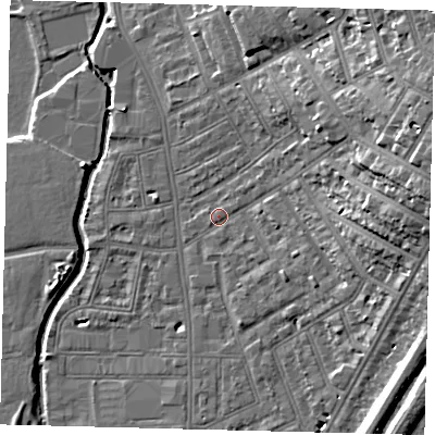 Shaded relief map of the ground around SW183AH, computed from Environment Agency LiDAR. The ground here sits at about 8 m above sea level and falls 21 m across the surrounding 800 m. Surface water reaching this point runs off ground lying to the east-north-east, 17.3 m higher.