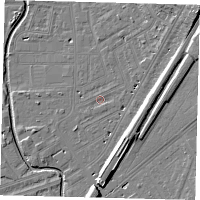 Shaded relief map of the ground around SW183BG, computed from Environment Agency LiDAR. The ground here sits at about 8 m above sea level and falls 18 m across the surrounding 800 m. Surface water reaching this point runs off ground lying to the east-north-east, 1.5 m higher.