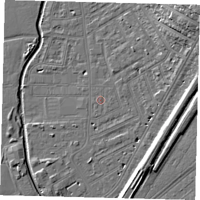Shaded relief map of the ground around SW183BJ, computed from Environment Agency LiDAR. The ground here sits at about 9 m above sea level and falls 19 m across the surrounding 800 m. Surface water reaching this point runs off ground lying to the east, 0.7 m higher.