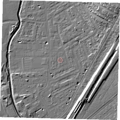 Shaded relief map of the ground around SW183BL, computed from Environment Agency LiDAR. The ground here sits at about 9 m above sea level and falls 20 m across the surrounding 800 m. Surface water reaching this point runs off ground lying to the east-north-east, 0.7 m higher.