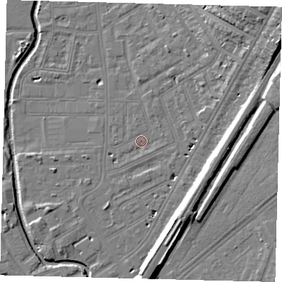 Shaded relief map of the ground around SW183BN, computed from Environment Agency LiDAR. The ground here sits at about 9 m above sea level and falls 19 m across the surrounding 800 m. Surface water reaching this point runs off ground lying to the north-east, 8.5 m higher.
