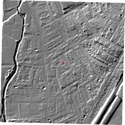 Shaded relief map of the ground around SW183BP, computed from Environment Agency LiDAR. The ground here sits at about 9 m above sea level and falls 22 m across the surrounding 800 m. Surface water reaching this point runs off ground lying to the south-east, 0.8 m higher.