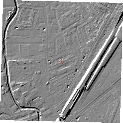 Shaded relief map of the ground around SW183BQ, computed from Environment Agency LiDAR. The ground here sits at about 9 m above sea level and falls 18 m across the surrounding 800 m. Surface water reaching this point runs off ground lying to the east, 1.5 m higher.