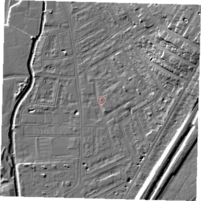 Shaded relief map of the ground around SW183BS, computed from Environment Agency LiDAR. The ground here sits at about 9 m above sea level and falls 21 m across the surrounding 800 m. Surface water reaching this point runs off ground lying to the east, 3.5 m higher.