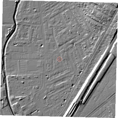 Shaded relief map of the ground around SW183BW, computed from Environment Agency LiDAR. The ground here sits at about 9 m above sea level and falls 21 m across the surrounding 800 m. Surface water reaching this point runs off ground lying to the east-north-east, 8.5 m higher.