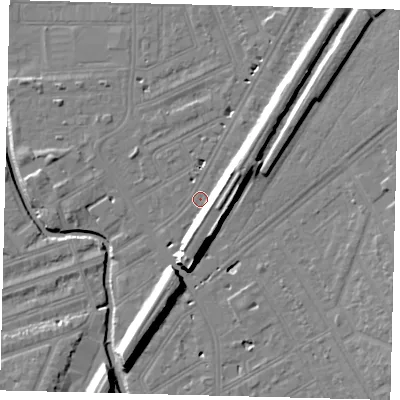 Shaded relief map of the ground around SW183DG, computed from Environment Agency LiDAR. The ground here sits at about 9 m above sea level and falls 14 m across the surrounding 800 m. Surface water reaching this point runs off ground lying to the north-east, 8.2 m higher.