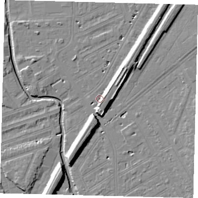 Shaded relief map of the ground around SW183DL, computed from Environment Agency LiDAR. The ground here sits at about 9 m above sea level and falls 12 m across the surrounding 800 m. Surface water reaching this point runs off ground lying to the south, 9.4 m higher.