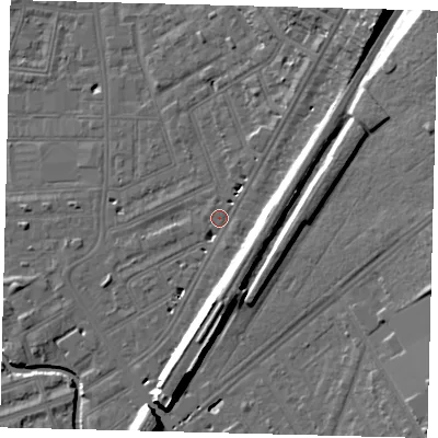 Shaded relief map of the ground around SW183DY, computed from Environment Agency LiDAR. The ground here sits at about 9 m above sea level and falls 22 m across the surrounding 800 m. Surface water reaching this point runs off ground lying to the north-east, 14.6 m higher.