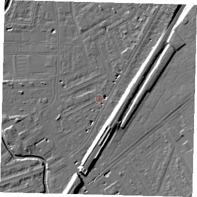Shaded relief map of the ground around SW183DZ, computed from Environment Agency LiDAR. The ground here sits at about 9 m above sea level and falls 21 m across the surrounding 800 m. Surface water reaching this point runs off ground lying to the north-north-east, 2.4 m higher.