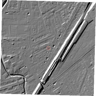 Shaded relief map of the ground around SW183EA, computed from Environment Agency LiDAR. The ground here sits at about 9 m above sea level and falls 19 m across the surrounding 800 m. Surface water reaching this point runs off ground lying to the north-east, 2.4 m higher.