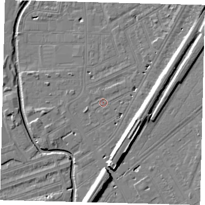 Shaded relief map of the ground around SW183EB, computed from Environment Agency LiDAR. The ground here sits at about 9 m above sea level and falls 14 m across the surrounding 800 m. Surface water reaching this point runs off ground lying to the north-east, 3.0 m higher.