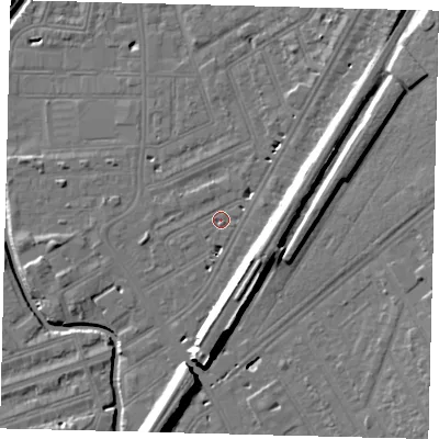 Shaded relief map of the ground around SW183ED, computed from Environment Agency LiDAR. The ground here sits at about 9 m above sea level and falls 19 m across the surrounding 800 m. Surface water reaching this point runs off ground lying to the north-north-east, 2.4 m higher.