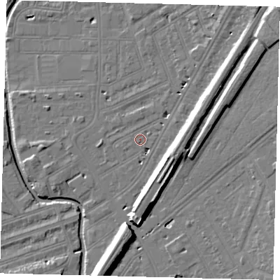 Shaded relief map of the ground around SW183EE, computed from Environment Agency LiDAR. The ground here sits at about 9 m above sea level and falls 17 m across the surrounding 800 m. Surface water reaching this point runs off ground lying to the south-south-east, 2.9 m higher.