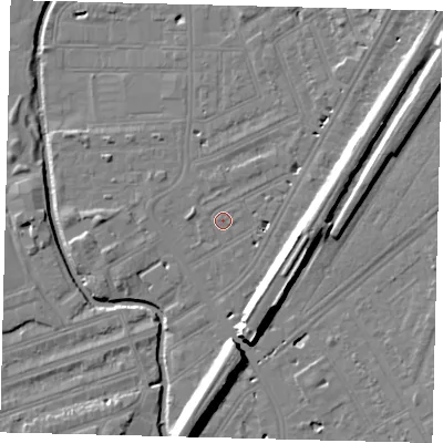 Shaded relief map of the ground around SW183EF, computed from Environment Agency LiDAR. The ground here sits at about 9 m above sea level and falls 14 m across the surrounding 800 m. Surface water reaching this point runs off ground lying to the north-east, 3.0 m higher.