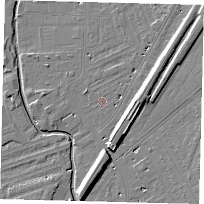 Shaded relief map of the ground around SW183EG, computed from Environment Agency LiDAR. The ground here sits at about 9 m above sea level and falls 14 m across the surrounding 800 m. Surface water reaching this point runs off ground lying to the north-east, 3.0 m higher.