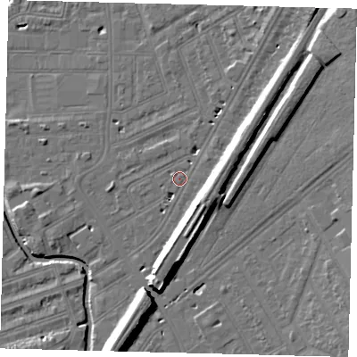 Shaded relief map of the ground around SW183EH, computed from Environment Agency LiDAR. The ground here sits at about 9 m above sea level and falls 19 m across the surrounding 800 m. Surface water reaching this point runs off ground lying to the north-east, 9.6 m higher.