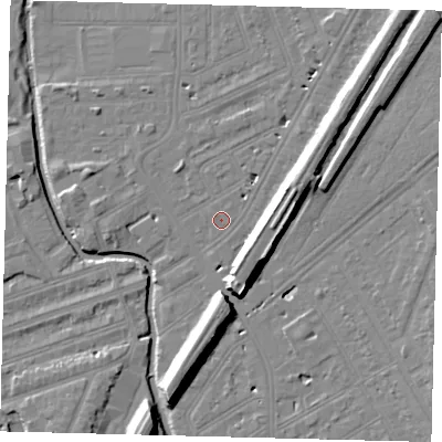 Shaded relief map of the ground around SW183EJ, computed from Environment Agency LiDAR. The ground here sits at about 9 m above sea level and falls 14 m across the surrounding 800 m. Surface water reaching this point runs off ground lying to the east-north-east, 9.7 m higher.