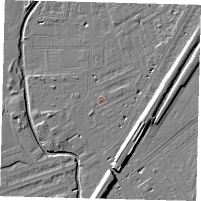 Shaded relief map of the ground around SW183EL, computed from Environment Agency LiDAR. The ground here sits at about 9 m above sea level and falls 13 m across the surrounding 800 m. Surface water reaching this point runs off ground lying to the south-west, 1.3 m higher.