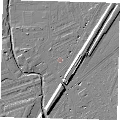 Shaded relief map of the ground around SW183EQ, computed from Environment Agency LiDAR. The ground here sits at about 9 m above sea level and falls 14 m across the surrounding 800 m. Surface water reaching this point runs off ground lying to the north-north-east, 3.0 m higher.