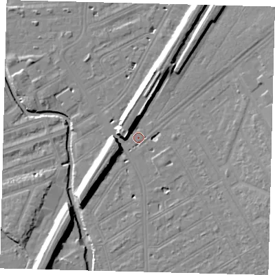 Shaded relief map of the ground around SW183NY, computed from Environment Agency LiDAR. The ground here sits at about 9 m above sea level and falls 11 m across the surrounding 800 m. Surface water reaching this point runs off ground lying to the north-east, 9.3 m higher.