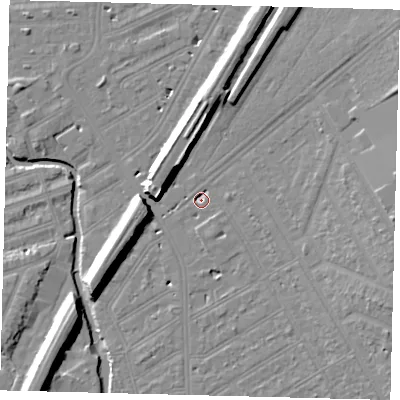 Shaded relief map of the ground around SW183NZ, computed from Environment Agency LiDAR. The ground here sits at about 8 m above sea level and falls 13 m across the surrounding 800 m. Surface water reaching this point runs off ground lying to the north-east, 11.5 m higher.