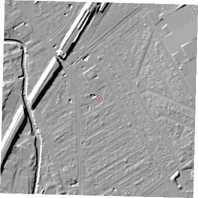 Shaded relief map of the ground around SW183QF, computed from Environment Agency LiDAR. The ground here sits at about 9 m above sea level and falls 13 m across the surrounding 800 m. Surface water reaching this point runs off ground lying to the east-south-east, 1.9 m higher.
