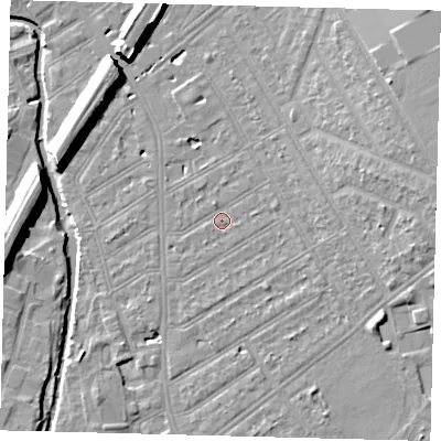 Shaded relief map of the ground around SW183QN, computed from Environment Agency LiDAR. The ground here sits at about 10 m above sea level and falls 11 m across the surrounding 800 m. Surface water reaching this point runs off ground lying to the east-north-east, 1.3 m higher.