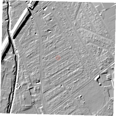Shaded relief map of the ground around SW183QR, computed from Environment Agency LiDAR. The ground here sits at about 10 m above sea level and falls 11 m across the surrounding 800 m. Surface water reaching this point runs off ground lying to the east, 1.3 m higher.