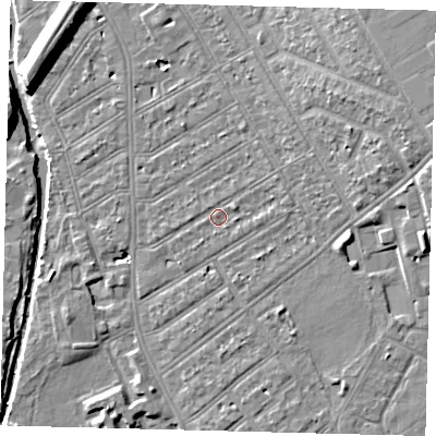 Shaded relief map of the ground around SW183SY, computed from Environment Agency LiDAR. The ground here sits at about 10 m above sea level and falls 11 m across the surrounding 800 m. Surface water reaching this point runs off ground lying to the east-north-east, 4.4 m higher.