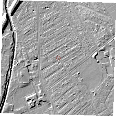 Shaded relief map of the ground around SW183TB, computed from Environment Agency LiDAR. The ground here sits at about 10 m above sea level and falls 10 m across the surrounding 800 m. Surface water reaching this point runs off ground lying to the east-north-east, 6.6 m higher.