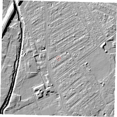 Shaded relief map of the ground around SW183TE, computed from Environment Agency LiDAR. The ground here sits at about 10 m above sea level and falls 10 m across the surrounding 800 m. Surface water reaching this point runs off ground lying to the east-north-east, 5.9 m higher.