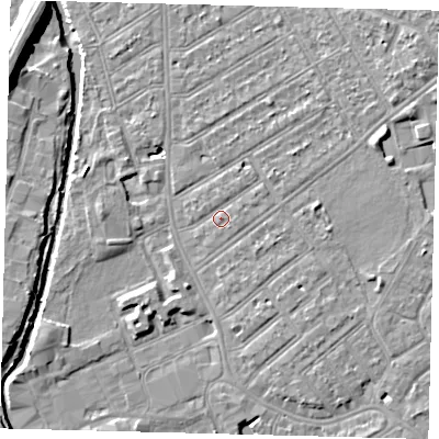 Shaded relief map of the ground around SW183TF, computed from Environment Agency LiDAR. The ground here sits at about 11 m above sea level and falls 10 m across the surrounding 800 m. Surface water reaching this point runs off ground lying to the east-north-east, 4.8 m higher.