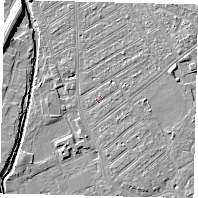 Shaded relief map of the ground around SW183TG, computed from Environment Agency LiDAR. The ground here sits at about 10 m above sea level and falls 10 m across the surrounding 800 m. Surface water reaching this point runs off ground lying to the east-north-east, 4.6 m higher.