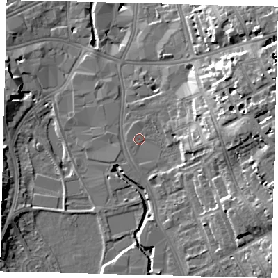 Shaded relief map of the ground around SW184AD, computed from Environment Agency LiDAR. The ground here sits at about 6 m above sea level and falls 20 m across the surrounding 800 m. Surface water reaching this point runs off ground lying to the east, 13.2 m higher.