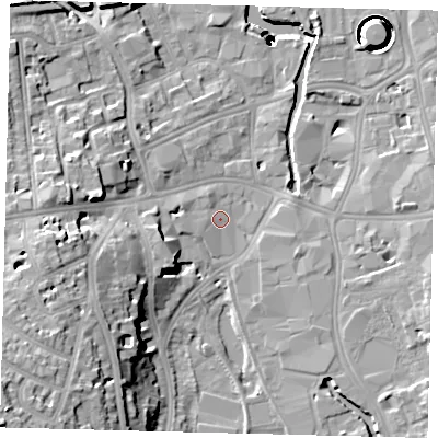 Shaded relief map of the ground around SW184AG, computed from Environment Agency LiDAR. The ground here sits at about 6 m above sea level and falls 44 m across the surrounding 800 m. Surface water reaching this point runs off ground lying to the west, 2.2 m higher.