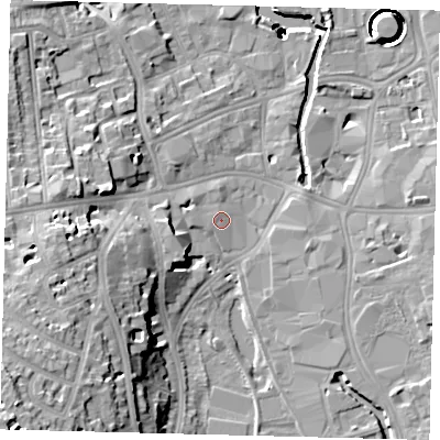Shaded relief map of the ground around SW184AH, computed from Environment Agency LiDAR. The ground here sits at about 6 m above sea level and falls 44 m across the surrounding 800 m. Surface water reaching this point runs off ground lying to the west, 0.9 m higher.