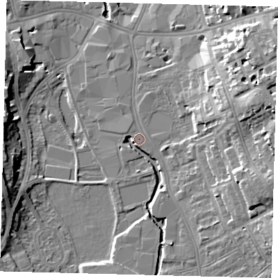Shaded relief map of the ground around SW184AN, computed from Environment Agency LiDAR. The ground here sits at about 7 m above sea level and falls 18 m across the surrounding 800 m. Surface water reaching this point runs off ground lying to the east-north-east, 13.5 m higher.