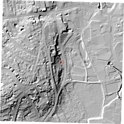 Shaded relief map of the ground around SW184AP, computed from Environment Agency LiDAR. The ground here sits at about 6 m above sea level and falls 22 m across the surrounding 800 m. Surface water reaching this point runs off ground lying to the south-west, 10.9 m higher.