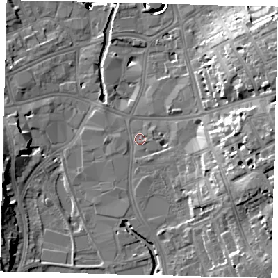 Shaded relief map of the ground around SW184AQ, computed from Environment Agency LiDAR. The ground here sits at about 6 m above sea level and falls 41 m across the surrounding 800 m. Surface water reaching this point runs off ground lying to the south-south-east, 1.3 m higher.