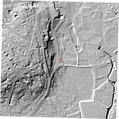 Shaded relief map of the ground around SW184AS, computed from Environment Agency LiDAR. The ground here sits at about 7 m above sea level and falls 21 m across the surrounding 800 m. Surface water reaching this point runs off ground lying to the west, 21.2 m higher.