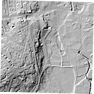 Shaded relief map of the ground around SW184AT, computed from Environment Agency LiDAR. The ground here sits at about 5 m above sea level and falls 22 m across the surrounding 800 m. Surface water reaching this point runs off ground lying to the west-south-west, 16.8 m higher.