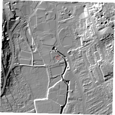 Shaded relief map of the ground around SW184AU, computed from Environment Agency LiDAR. The ground here sits at about 6 m above sea level and falls 17 m across the surrounding 800 m. Surface water reaching this point runs off ground lying to the east-south-east, 2.8 m higher.