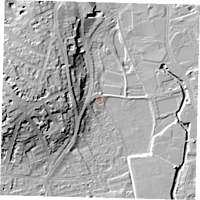 Shaded relief map of the ground around SW184AX, computed from Environment Agency LiDAR. The ground here sits at about 6 m above sea level and falls 21 m across the surrounding 800 m. Surface water reaching this point runs off ground lying to the west, 21.2 m higher.