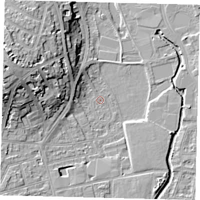 Shaded relief map of the ground around SW184AY, computed from Environment Agency LiDAR. The ground here sits at about 6 m above sea level and falls 21 m across the surrounding 800 m. Surface water reaching this point runs off ground lying to the west, 4.5 m higher.